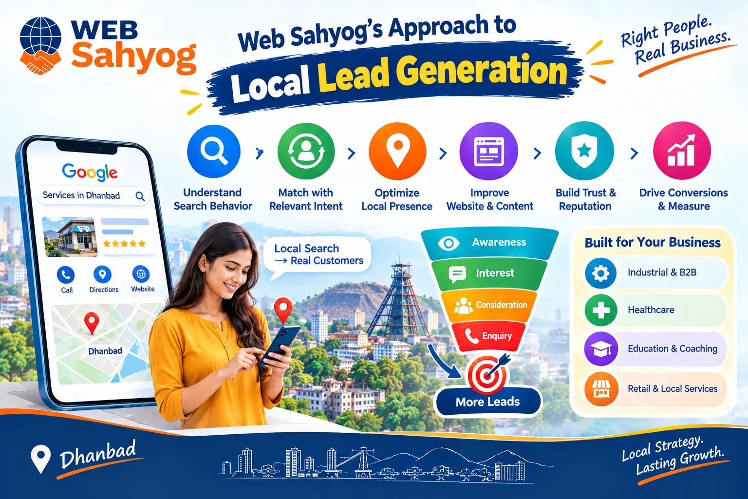 Future Outlook for Local SEO in Dhanbad Local search is likely to become increasingly connected to context: what a person needs, where they are, what type of provider they are looking for, and how close they are to taking action. Google already describes local results in terms of relevance, distance, and prominence. That makes it reasonable for businesses to focus on accurate information, genuine reputation, useful service content, and clear conversion paths rather than relying on keyword repetition. For Dhanbad businesses, the future opportunity is to move from “How do we rank?” to “Which searches indicate buying intent, and what should happen after the customer finds us?” As search becomes more answer-oriented and digital journeys become more integrated, businesses that keep their local information accurate and their customer journey measurable should be better positioned to convert local discovery into meaningful enquiries.